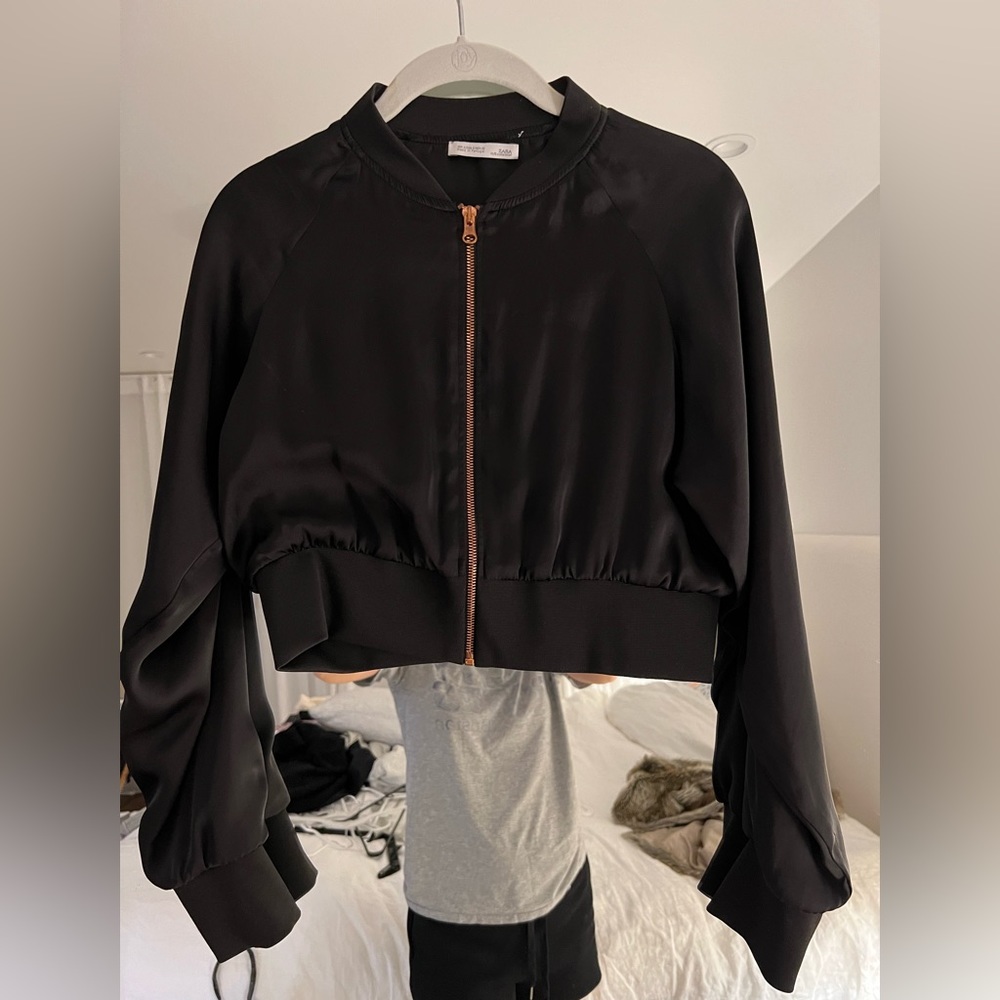 Zara thin satin bomber with gold/copper colored zipper